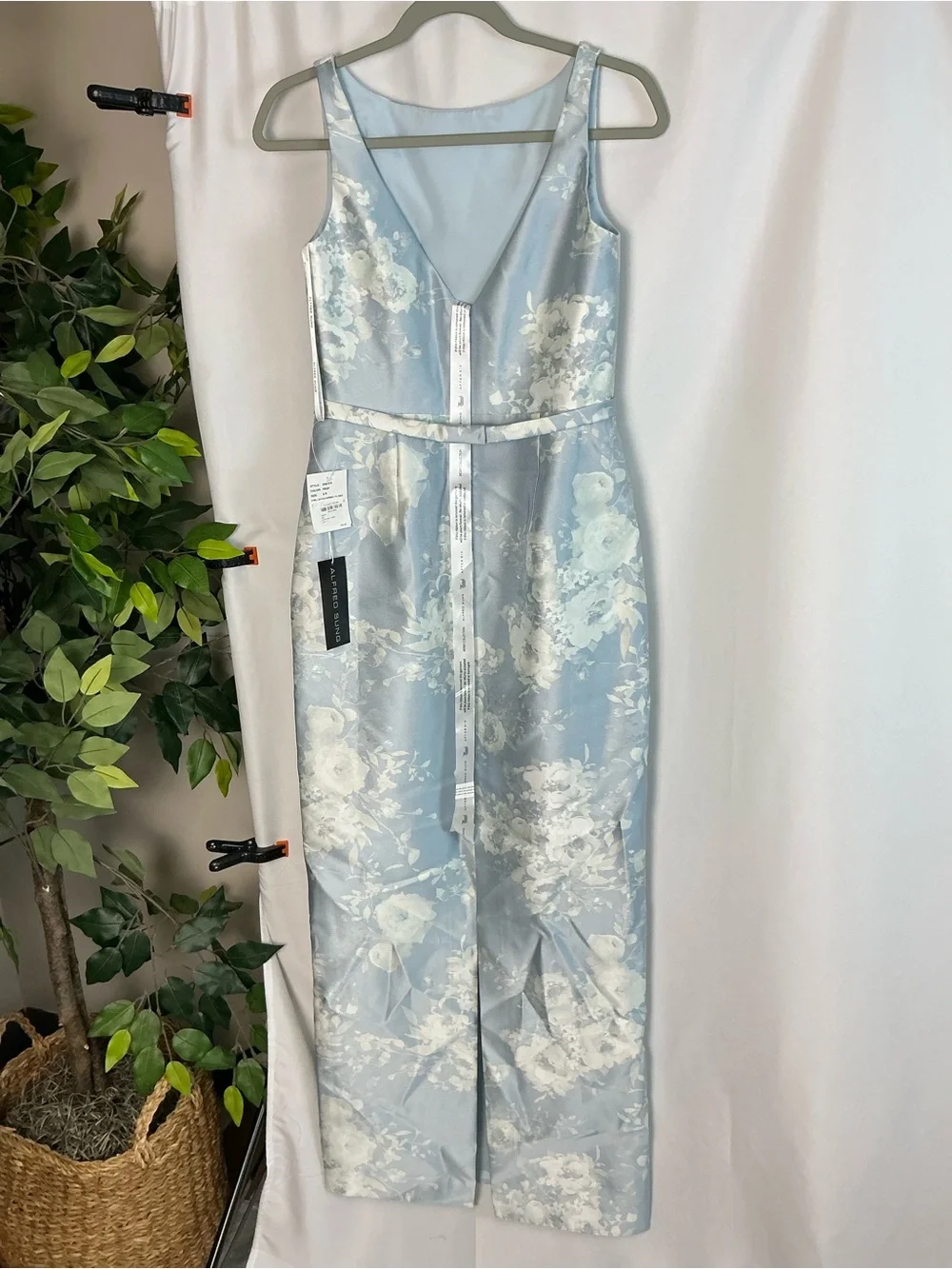 ALFRED SUNG Porcelain Blue Floral Satin Bateau Neck Maxi Dress - Picture 4 of 5